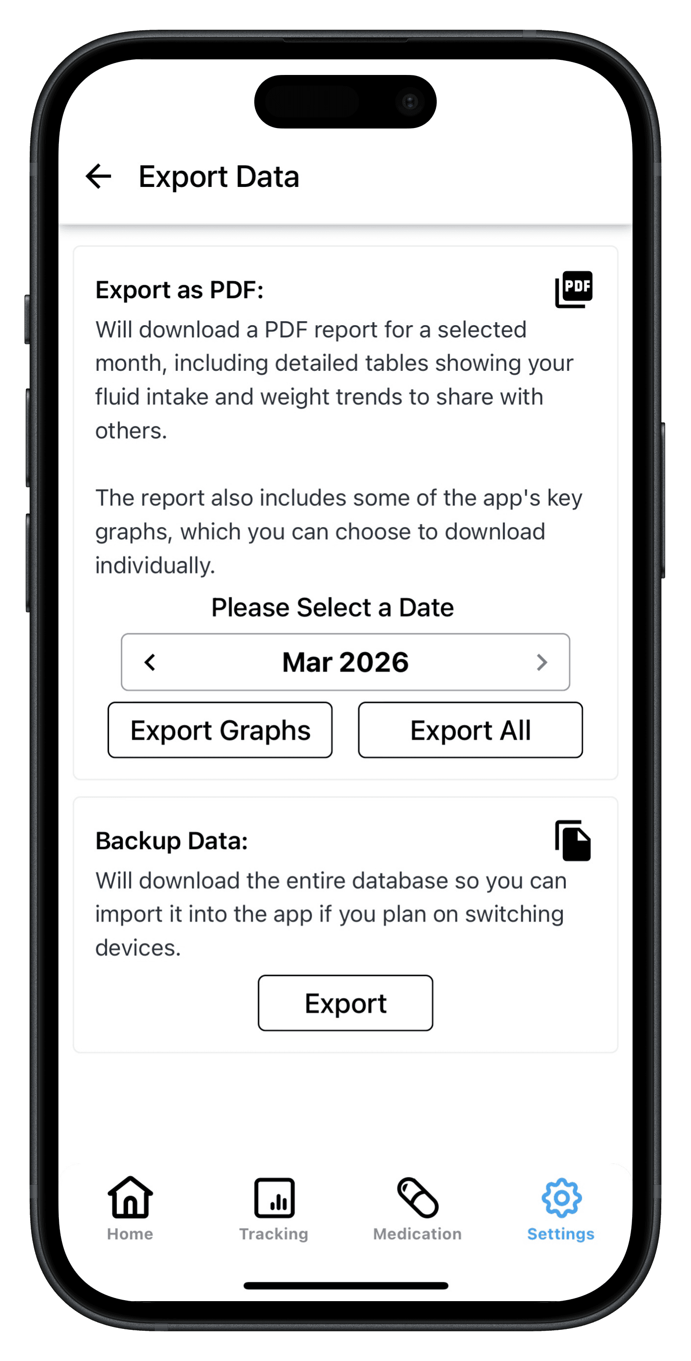 Displays the Export Data page which includes a section for exporting the data as a pdf and another for backing up the data.