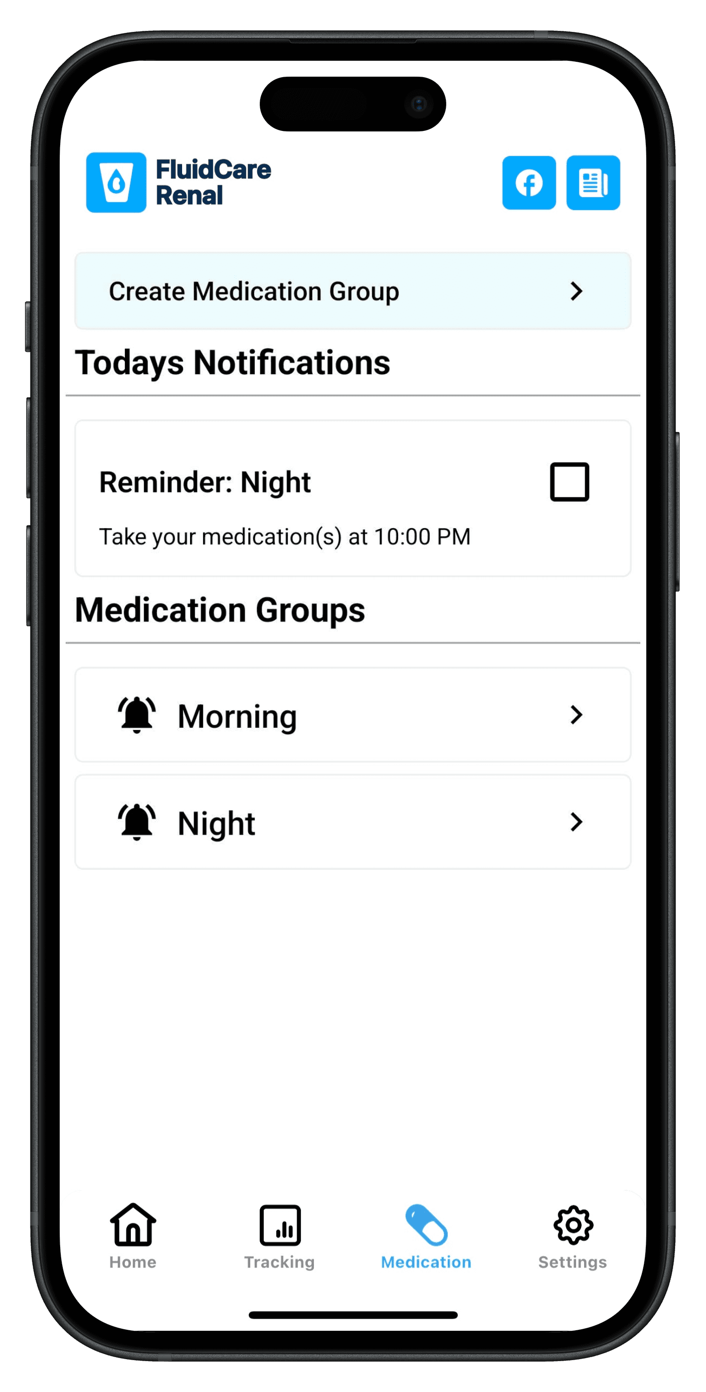 Displays the Medications Screen with a reminder for the Night medication group and two Medication groups under it named "Morning" and "Night".